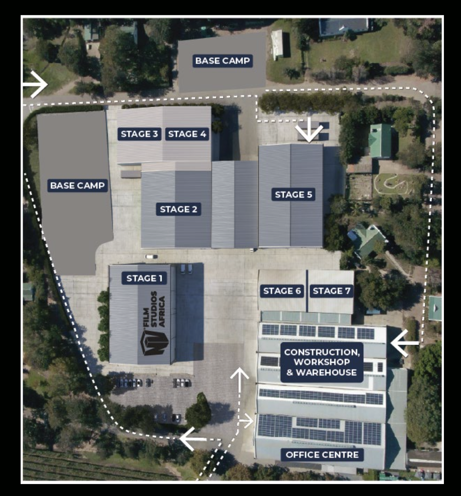 Aerial layout — Stages 1–7, Base Camp, Construction/Workshop/Warehouse, Office Centre